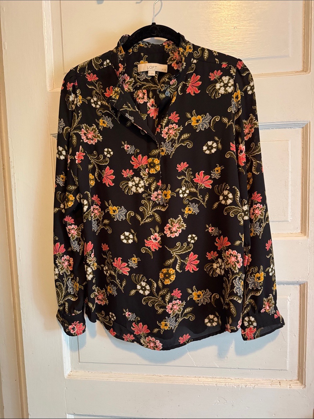 LOFT Black Floral Blouse with Pink, Green, Cream and Yellow Floral Accents